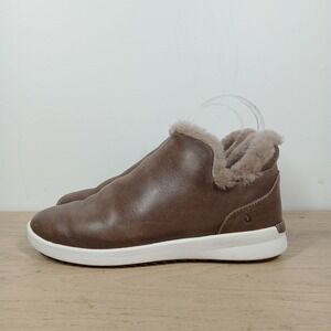 OluKai Malua Hulu Boots Womens 7.5 Brown Leather Fur Lined Slip On Cozy Casual